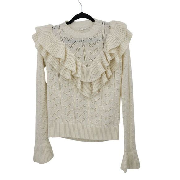 Tularosa Womens Ivory Ruffle Knit Sweater S Wool Bell Sleeve Feminine Soft Girl - Picture 2 of 12